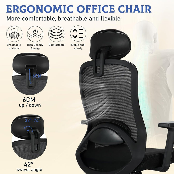 Milacyee Bürostuhl, Bürostuhl Ergonomisch, Schreibtischstuhl mit Kopfstütze, Armlehnen, Lendenwirbel