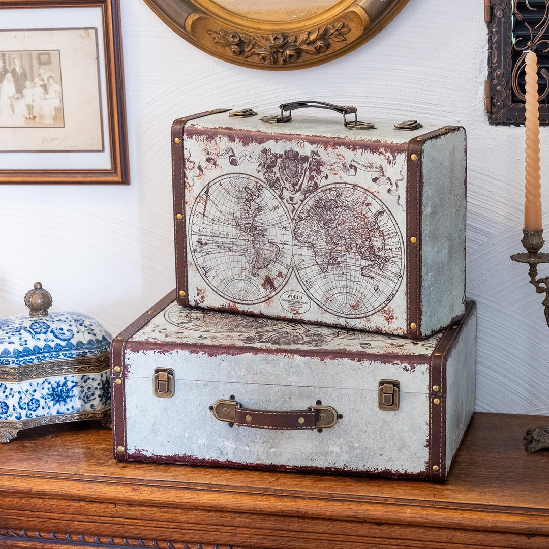 HMF VKO101 Vintage Koffer aus Holz | 38 x 26 x 13 cm | Gross | Deko Weltkarte 38 cm Weltkarte, 38 cm