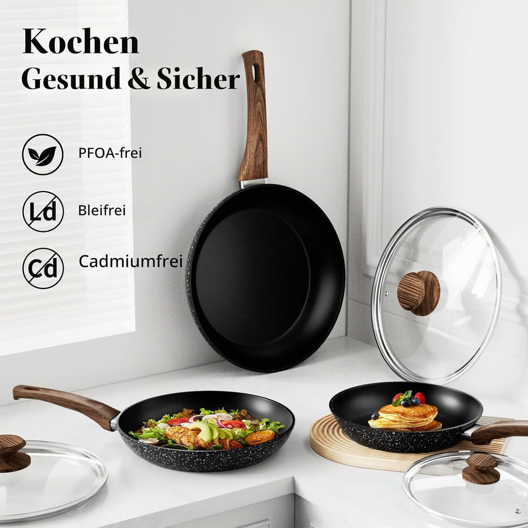 Innerwell Pfannenset - 3-teilig Antihaft-Pfannen mit Deckeln, 20+24+28 cm, Induktion Pfannen, Backof