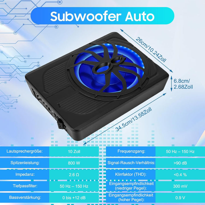VINGVO Subwoofer Auto,10Zoll 800W Aktiv Subwoofer Für Auto,2.6 Ohm Ultra Flach Untersitz Subwoofer A