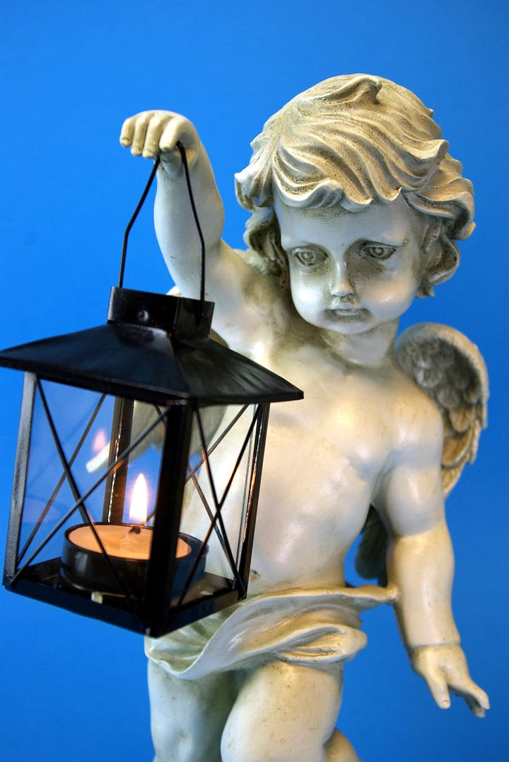 GeKi Trend 2er Set Engel Figuren mit Laterne Dekofigur Putte frostfest Gartendeko antik weiss Grabsc