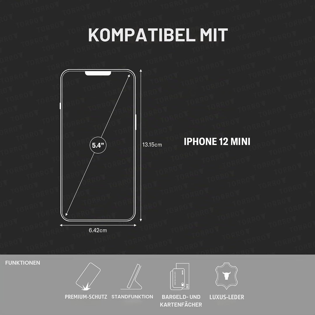 TORRO Hülle kompatibel mit iPhone 12 Mini - Echte Lederhülle mit Kartenfächern und horizontaler Stan