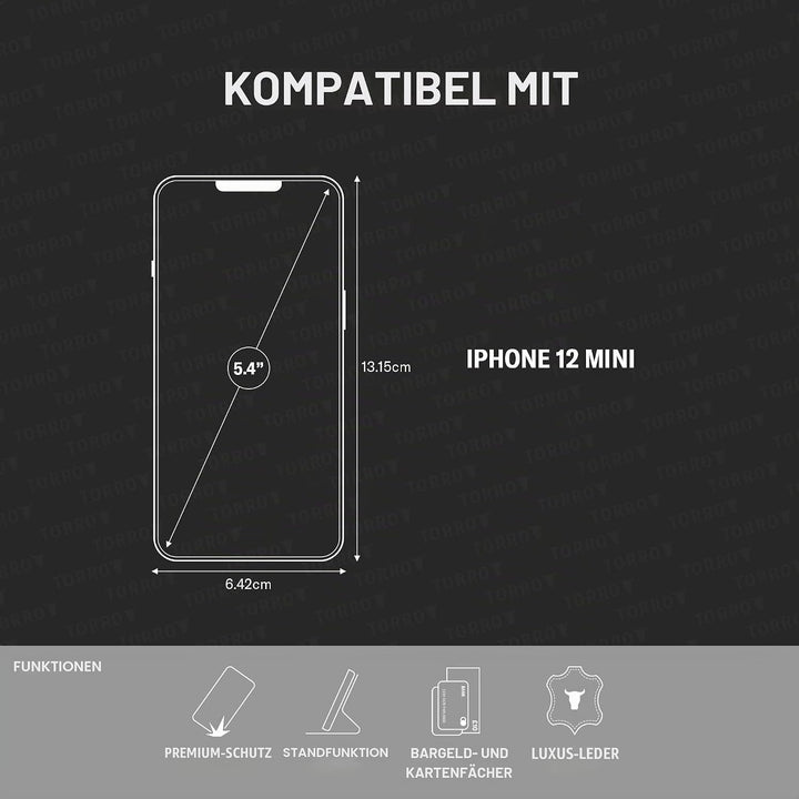 TORRO Hülle kompatibel mit iPhone 12 Mini - Echte Lederhülle mit Kartenfächern und horizontaler Stan