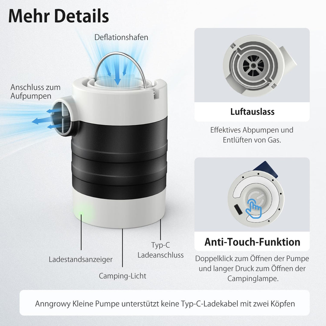 Anngrowy Elektrische Luftpumpe Akku: 4000mAh 1400mAh, Wiederaufladbare Akku Luftpumpe für Luftmatrat