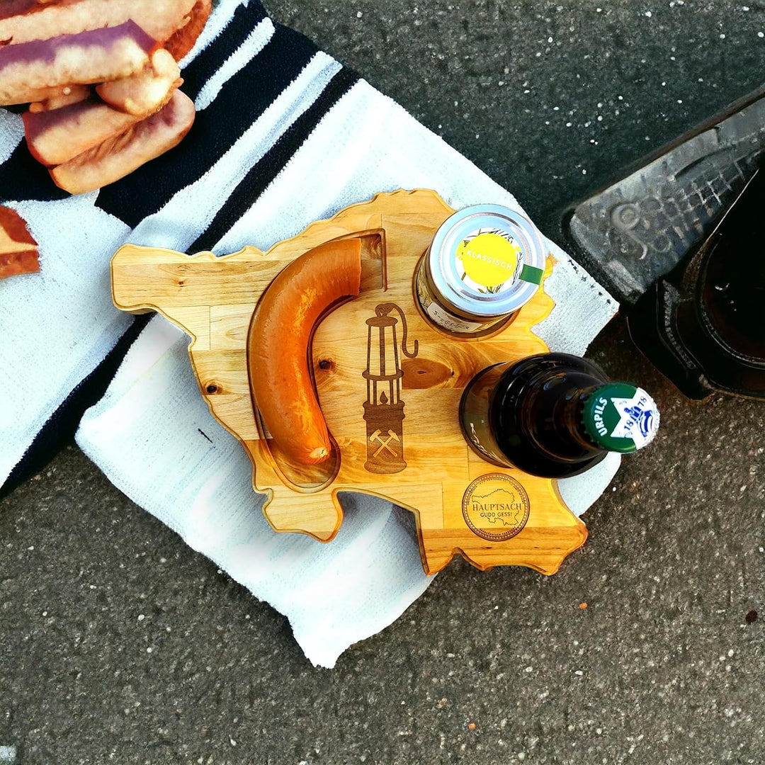 Saarlandbrett aus Holz mit Senf, Frühstücksbrettchen im Bergmann Stil, Geschenkidee aus dem Saarland