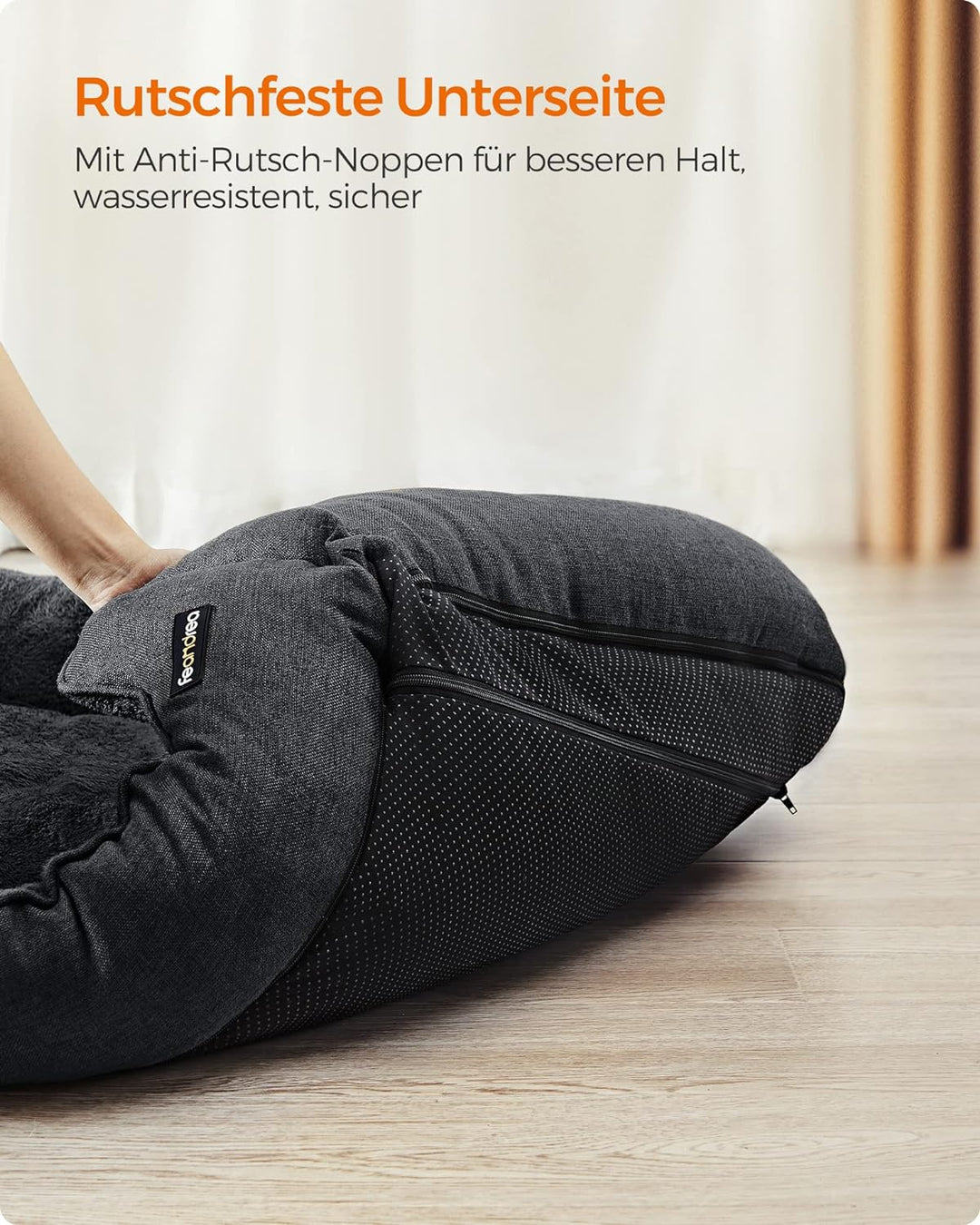 Feandrea Hundebett, Hundekissen in Leinenoptik, Hundekorb, erhöhte Ränder, rutschfeste Unterseite, B