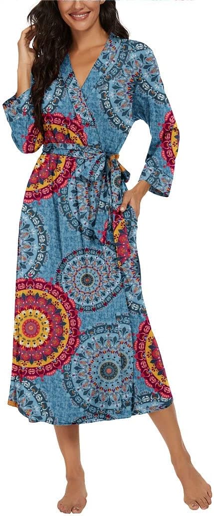 PrinStory Damen Bademantel Leichter 3/4 Ärmeln Morgenmantel V-Ausschnitt Kimono Roben Langes Nachtwä