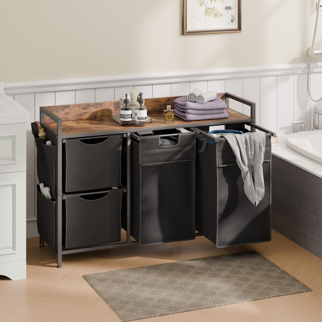 Mondeer Wäschekorb 4 Fächer, 150 L Wäschesammler mit Ablage, Wäschewagen mit Seitliche Taschen und h