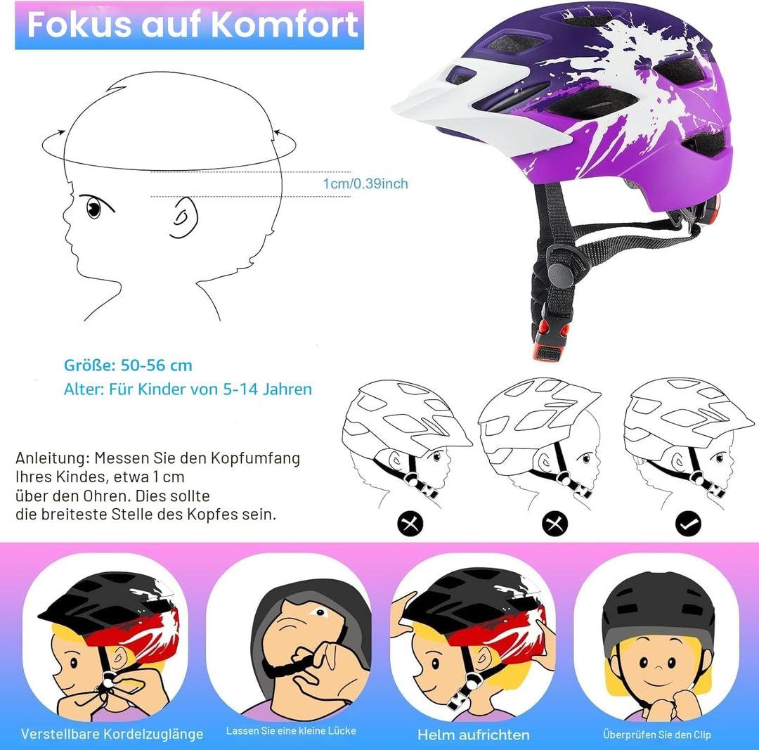 Fahrradhelm Kinder, Fahrradhelm mit Licht für Kinder Leichter Kinderhelm mit Verstellbares Zifferbla