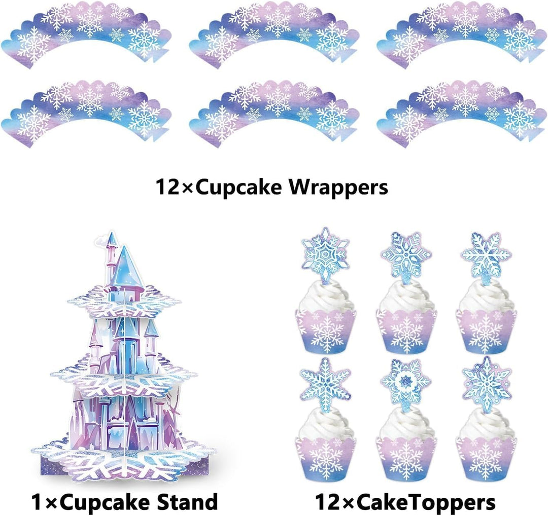 Blau-lila Schneeschloss-Tortenständer, Cupcake-Ränder und kleine Dekostäbchen, Schneeschloss, dreist