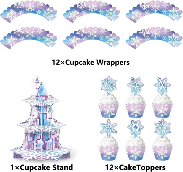 Blau-lila Schneeschloss-Tortenständer, Cupcake-Ränder und kleine Dekostäbchen, Schneeschloss, dreist