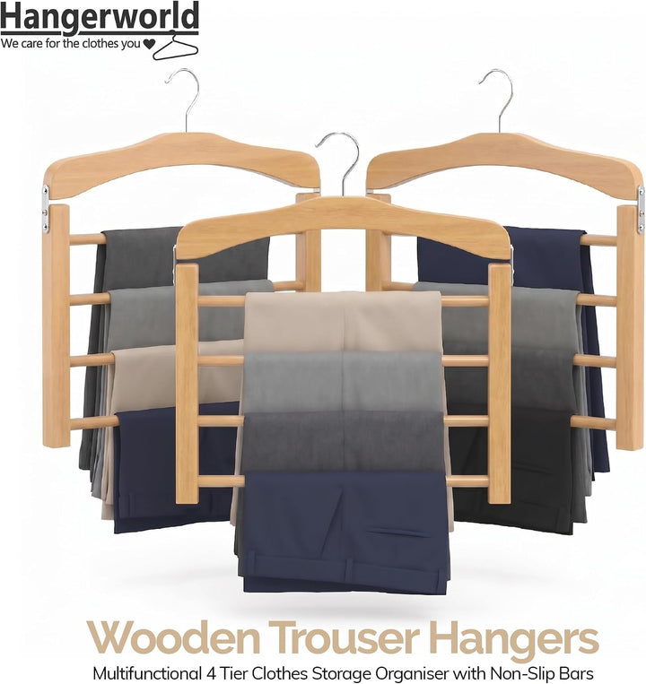 Hangerworld 3 Holz Hosenbügel Mit 4 rutschfesten Hosenstegen 38cm Naturfarben Holz Kleiderbügel, 3