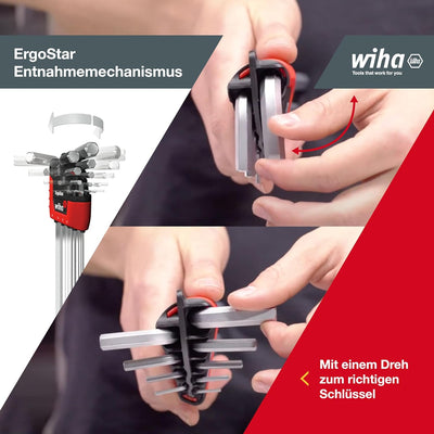 Wiha Stiftschlüssel Set im ErgoStar Halter (43851), Winkelschlüssel Sechskant-Kugelkopf MagicRing®,