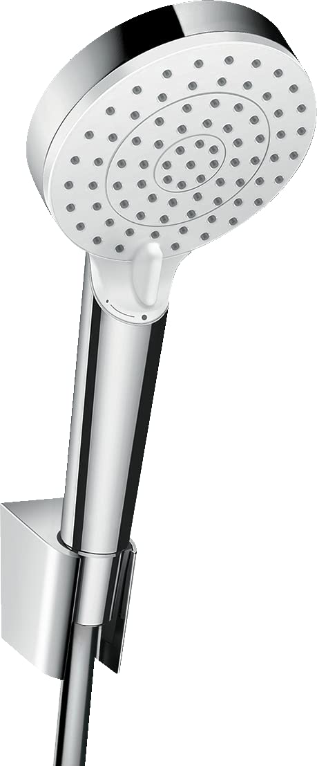 hansgrohe Crometta wassersparender Duschkopf inkl. Duschkopfhalter, 2 Strahlarten, Weiss/Chrom, Set