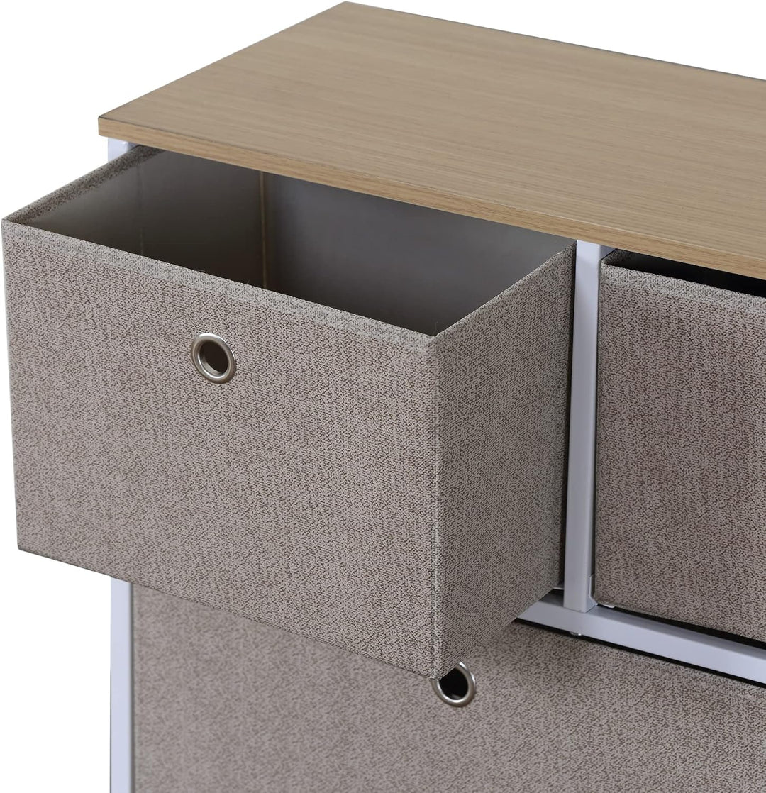Rebecca Mobili Stoffkommode mit 5 Schubladen, niedrige Schubladen, weiss-beige, Metallrahmen, für Ba