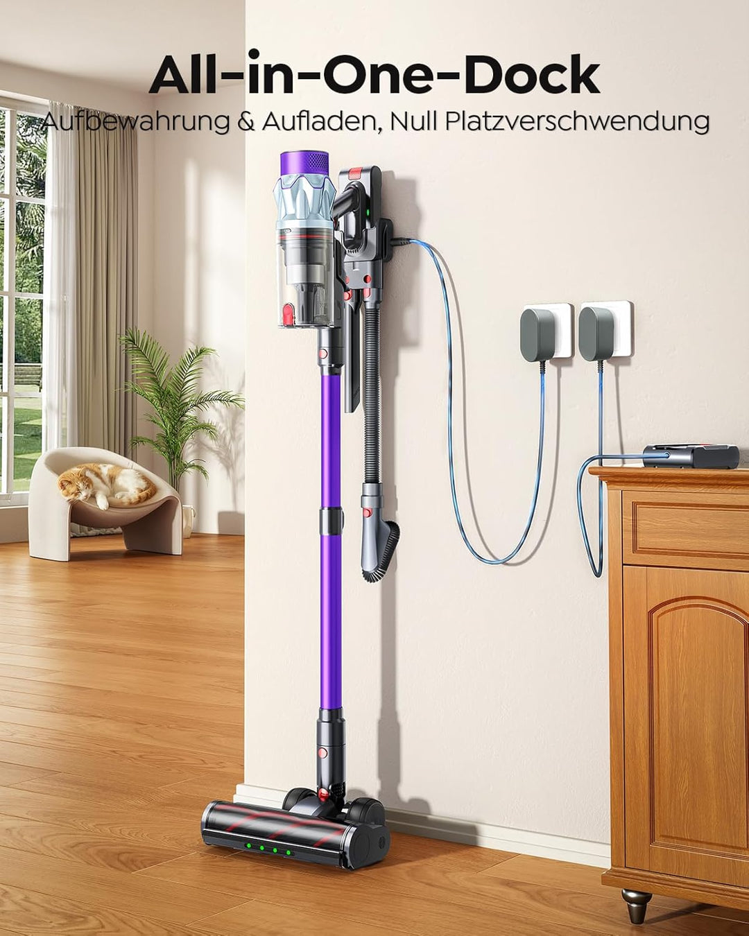 Akku Staubsauger 600W/50kPa/65Min, Staubsauger Kabellos mit 1M Schlauch, Aromatherapie, Wandladestat