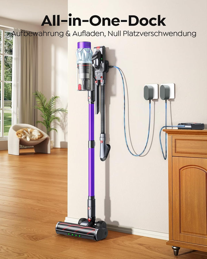 Akku Staubsauger 600W/50kPa/65Min, Staubsauger Kabellos mit 1M Schlauch, Aromatherapie, Wandladestat