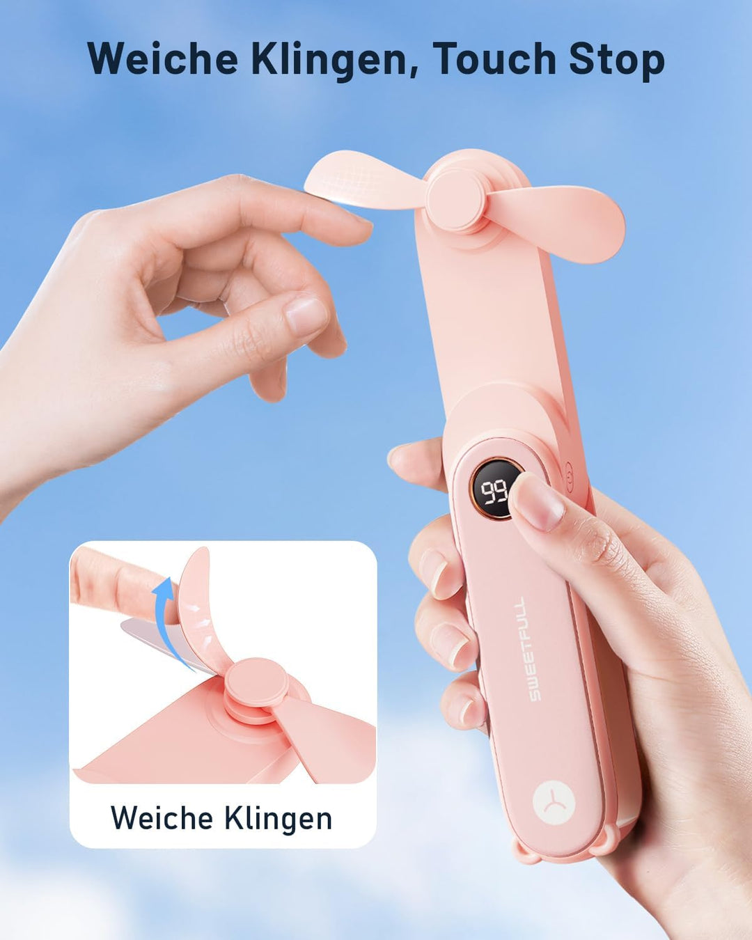 SWEETFULL 11.4cm Tragbarer Mini Ventilator leise, 3 IN 1 Handventilator | Akku Aufladbar,Kleiner Tas