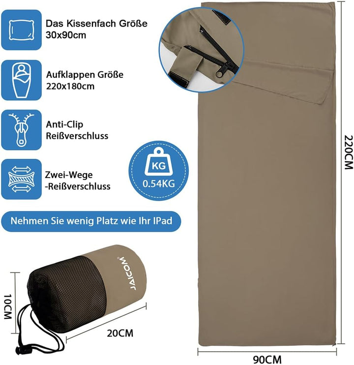 JAICOM Hüttenschlafsack, Ultraleichter Seideschlafsack für Reise, 2in1 Hüttenschlafsack, Bequemer un