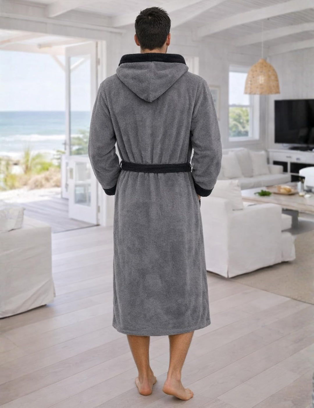 Morgenstern Bademantel Herren Kapuze Frottee 100% Baumwolle Lang Cadiz Salamanca M Grau-Schwarzgrau,