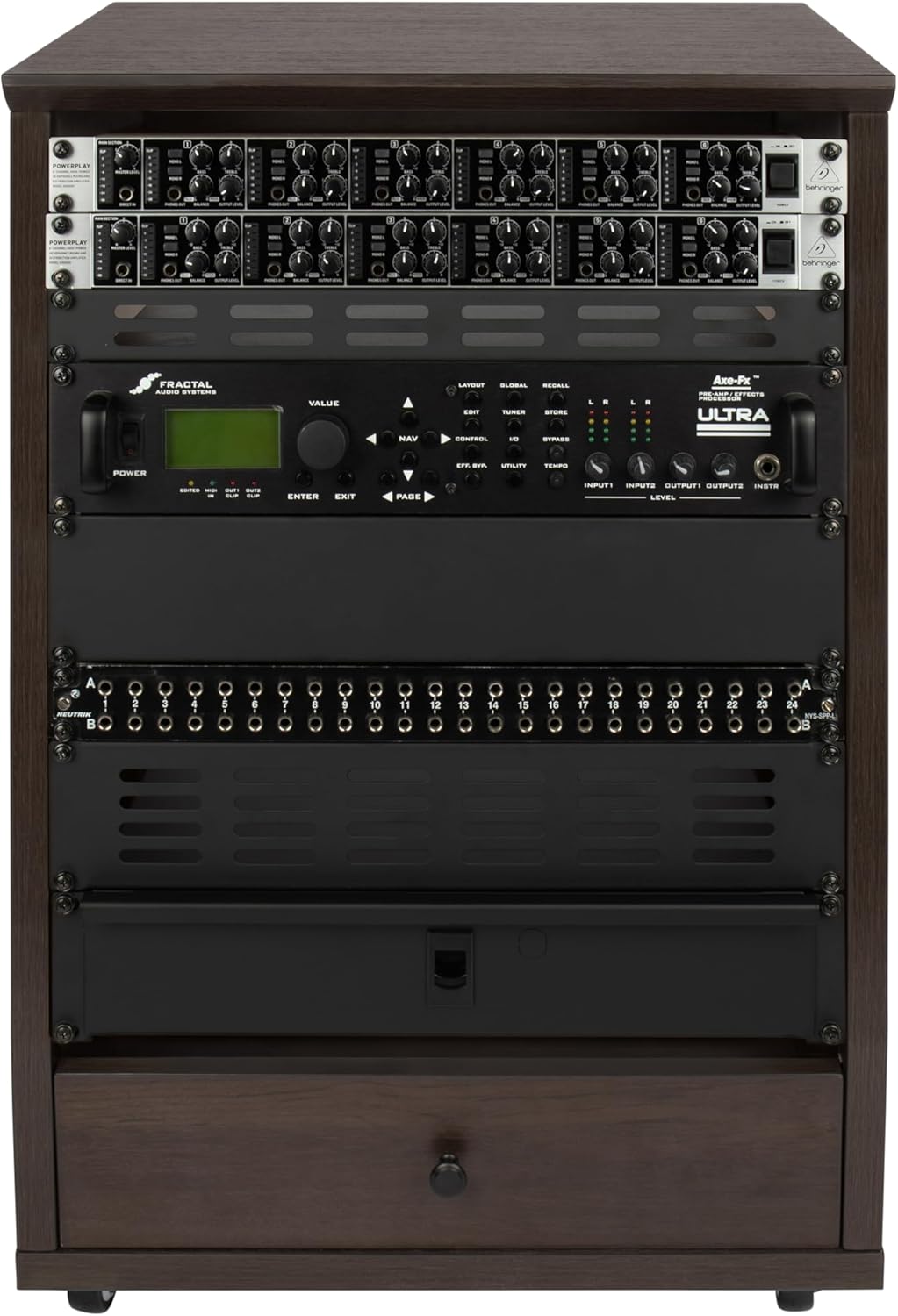 Gator Frameworks Elite Furniture Serie 12U abgewinkeltes Studiorack mit feststellbaren Rollen, braun