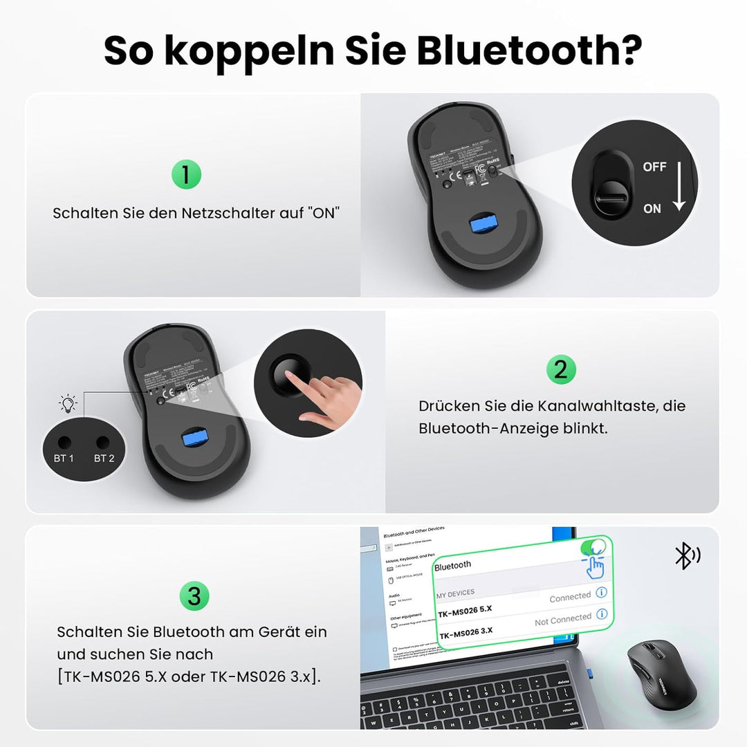 TECKNET Bluetooth Maus, PC Maus Kabellos, Wiederaufladbar Computer Maus 4800 DPI, (BT 5.0/3.0+2.4 GH