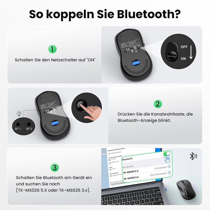 TECKNET Bluetooth Maus, PC Maus Kabellos, Wiederaufladbar Computer Maus 4800 DPI, (BT 5.0/3.0+2.4 GH