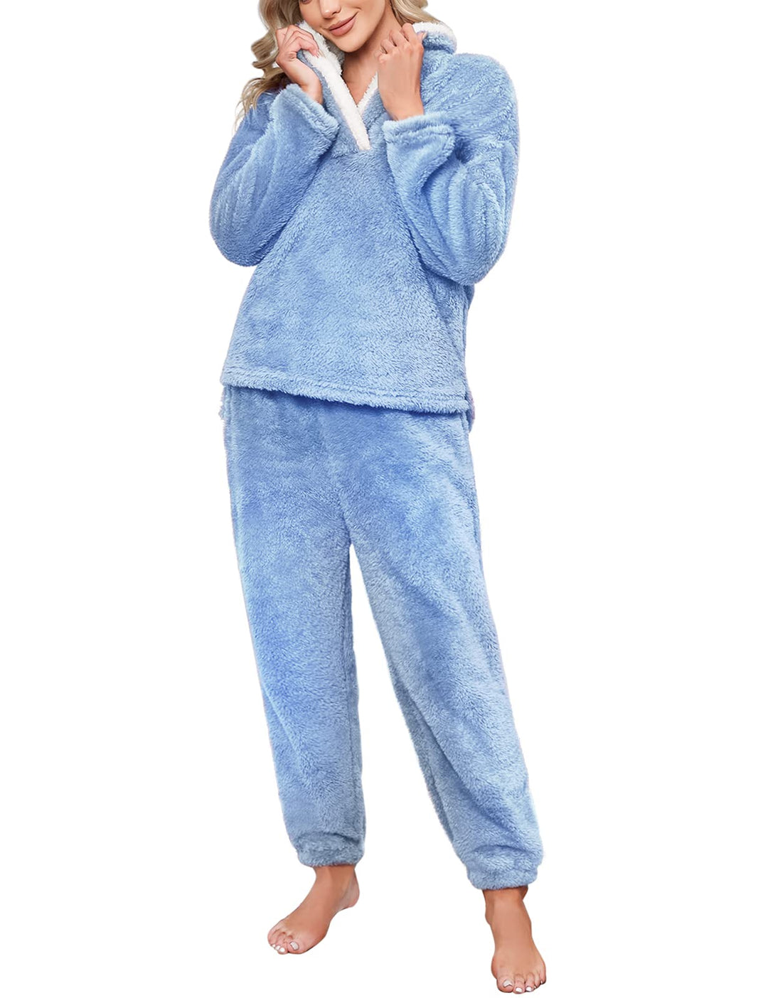 Schlafanzug Damen Winter Thermo Pyjama Set Langarm Fleece Nachtwäsche Set Weicher Warmer Heim Lounge