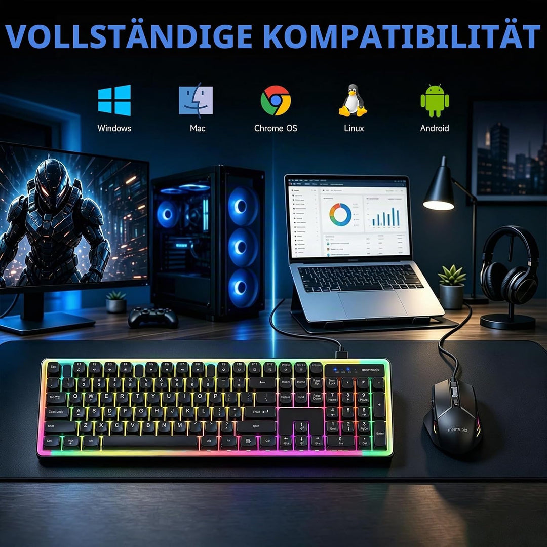 QWERTZ Kabelgebundenes Tastatur Maus Set, USB Full-Size Tastatur mit RGB LED Beleuchtung, leise Memb