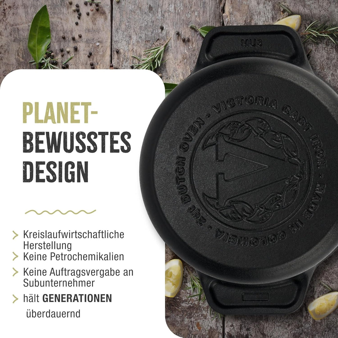 Victoria Dutch Oven Gusseisen Emailliert, Induktion 20cm, Topf Brot Backen 1,9 L, PTFE und PFOA Frei