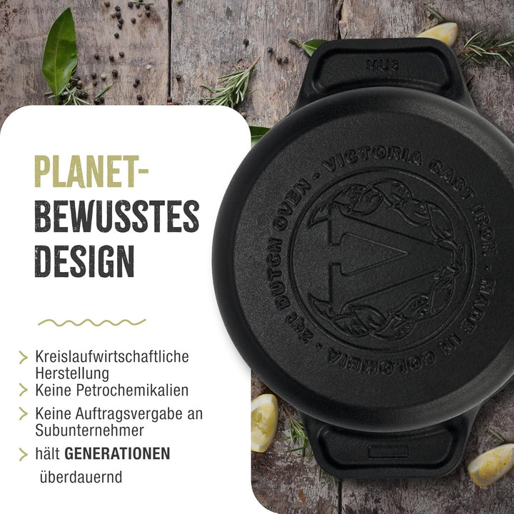 Victoria Dutch Oven Gusseisen Emailliert, Induktion 20cm, Topf Brot Backen 1,9 L, PTFE und PFOA Frei