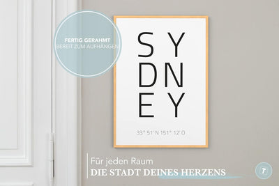 Papierschmiede® Geo Poster Koordinaten Sydney, A3 Gerahmt im Natur-Holzrahmen, Stadt Bild als Wandde