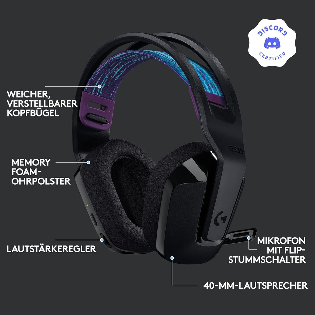 Logitech G535 LIGHTSPEED Wireless Gaming Headset - Lightweight on-ear headphones, flip to mute mic,