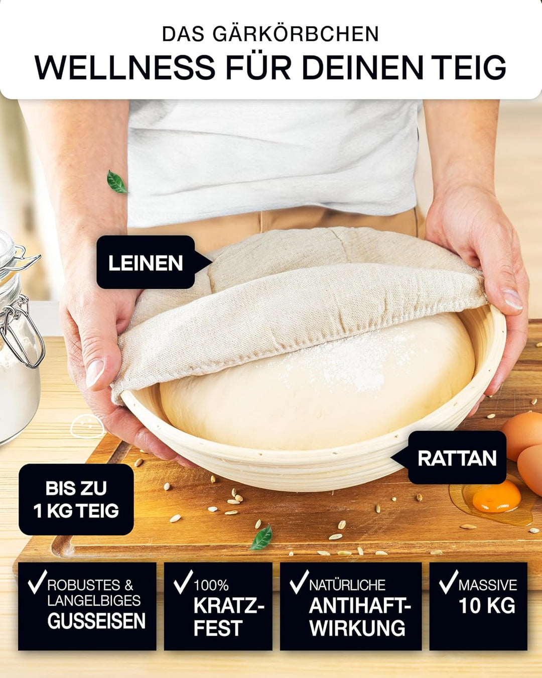 besok Gusseisen Topf Brot backen als Komplettset - Brotbackform mit Deckel inkl. Gärkorb, Schneebese