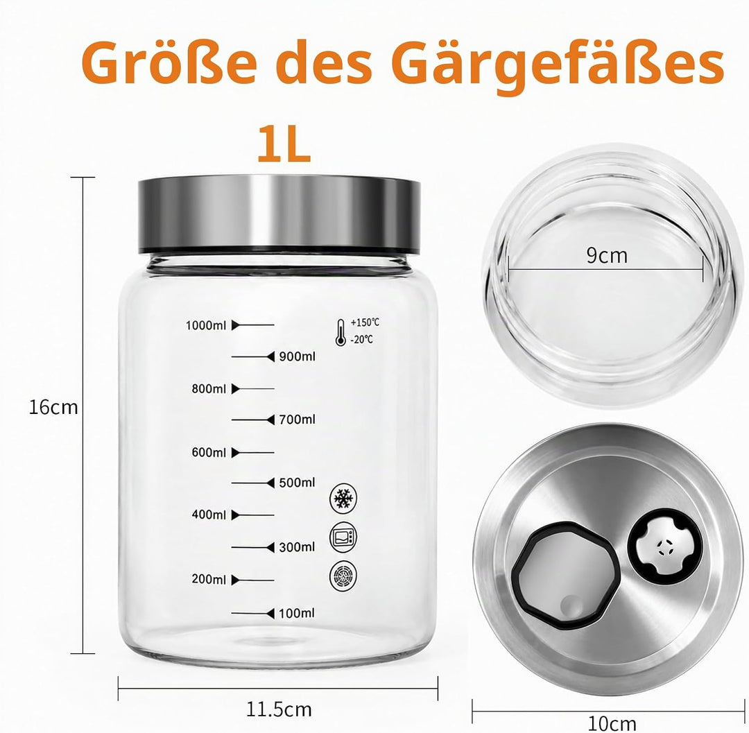 Diesisa 2 Stück 1L Borosilikatglas Fermentiergläser für Kimchi Sauerkraut | Fermentierglas mit Doppe