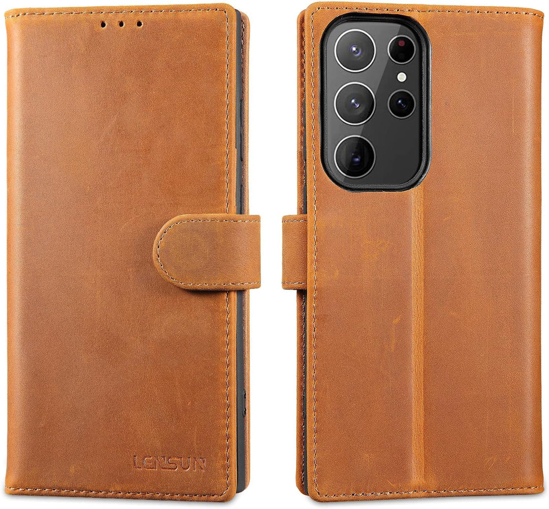 LENSUN Echtleder Hülle für Samsung Galaxy S23 Ultra, Handyhülle [Echtes Leder] [Magnetverschluss] [R