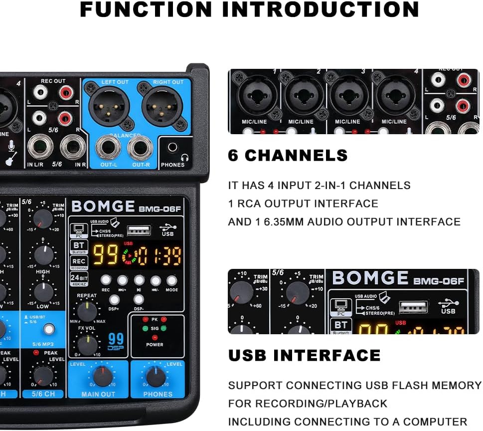 BOMGE 6-Kanal-Mini-DJ-Audio-Sound-Mixer-Konsole mit USB-Schnittstelle, Bluetooth, Stereo-Aufnahme, 4