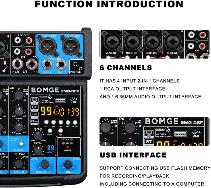 BOMGE 6-Kanal-Mini-DJ-Audio-Sound-Mixer-Konsole mit USB-Schnittstelle, Bluetooth, Stereo-Aufnahme, 4