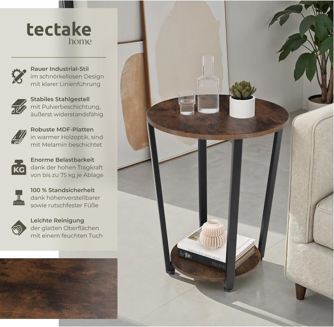 tectake® Möbel, Beistelltisch rund, runder Tisch Holz, Couchtisch rund, Möbel mit 2 Ablagen, Nachtti
