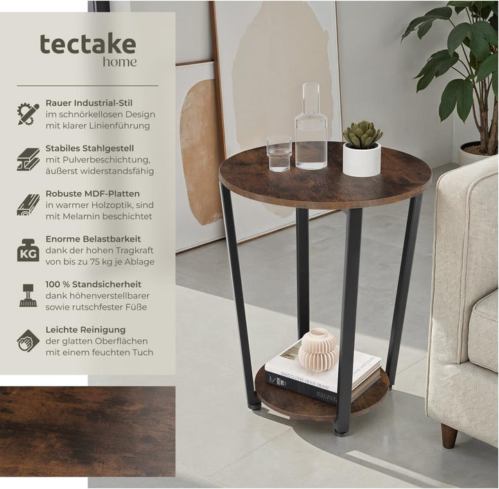 tectake® Möbel, Beistelltisch rund, runder Tisch Holz, Couchtisch rund, Möbel mit 2 Ablagen, Nachtti