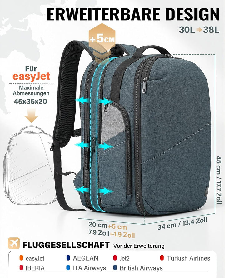 VANKEV Erweiterbarer Reiserucksack Laptoptasche Handgepäck für EasyJet | 30L-38L, grosse Kapazität,