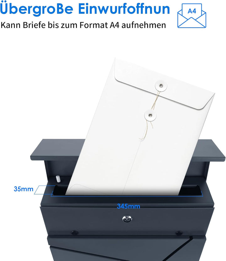 bobodeco Moderner Briefkasten in Anthrazit RAL 7016 - Briefkästen, Postkasten mit Sichtfenster, Wand
