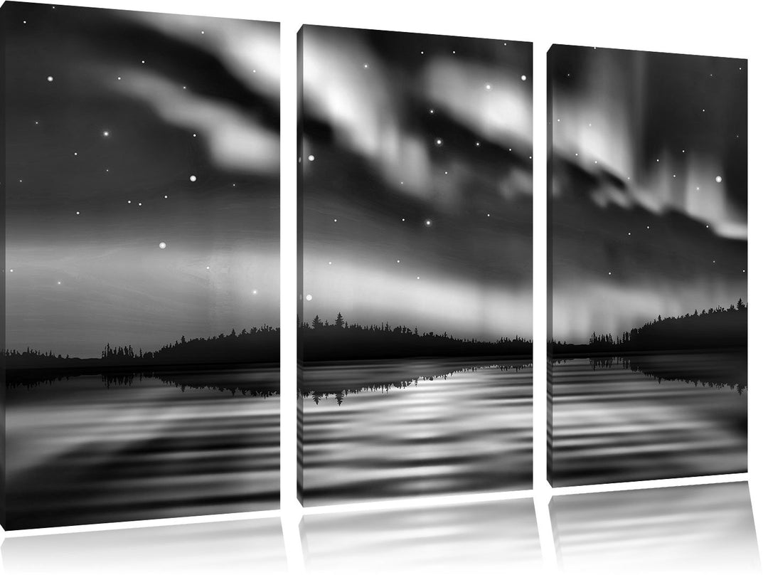 Pixxprint Monocrome, Polarlichter in Alaska 3-Teiler Leinwandbild 120x80 Bild auf Leinwand