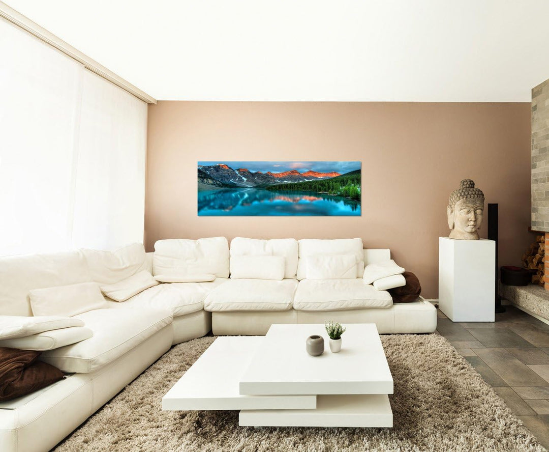Paul Sinus Art Panoramabild auf Leinwand und Keilrahmen 120x40cm Landschaft Berge Wald See Sonnenauf