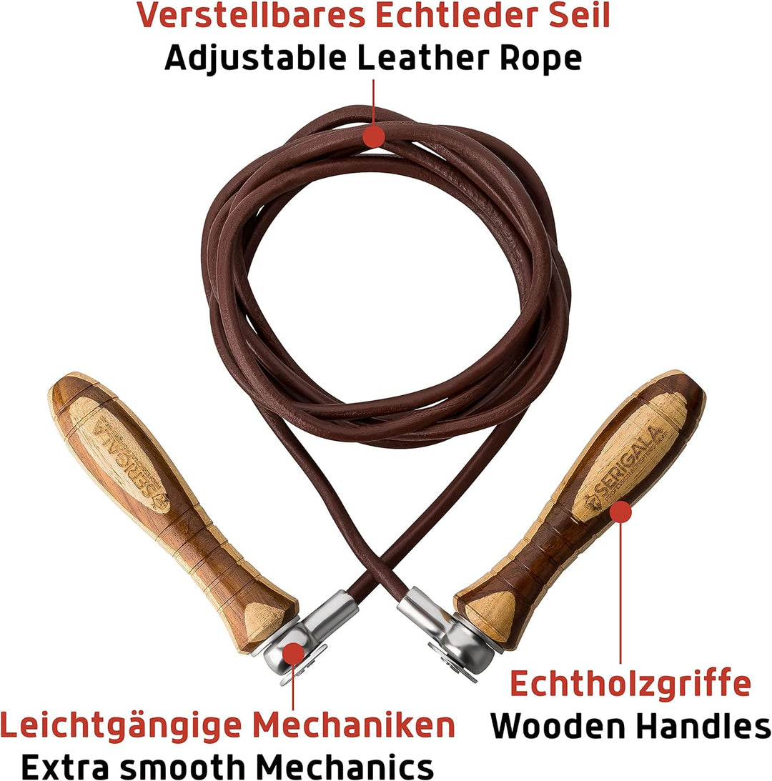 Serigala Profi Springseil aus Leder mit Holzgriffen - Lederspringseil mit Gewichten - Skipping Rope
