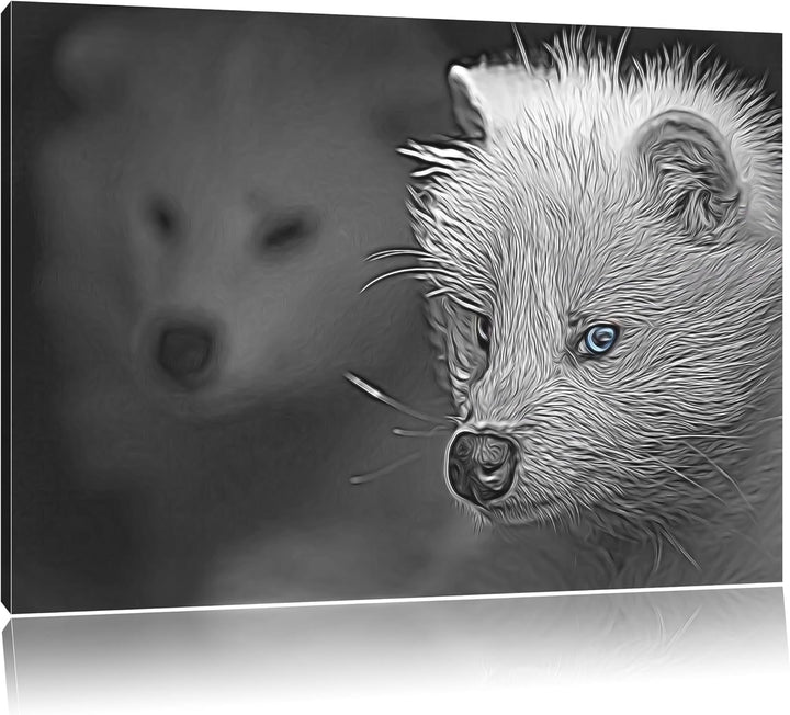 hübscher Polarfuchs in Höhle schwarz/weiss Deluxe Format: 100x70 cm auf Leinwand, XXL riesige Bilder