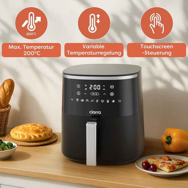CIARRA Heissluftfritteuse mit digitalem Touchpanel, 5 l, benötigt kein Öl, Heissluftfrittieren, extr