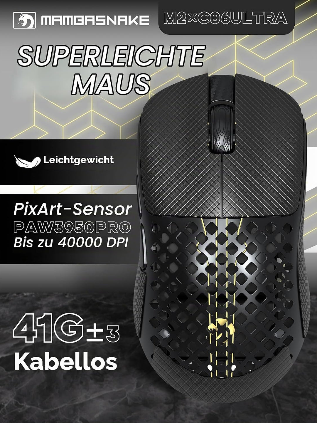 MAMBASNAKE M2 Ultra-Lightweight Wireless Gaming Mouse, PAW3395PRO Sensor 40000 DPI, 41g Carbon Fiber