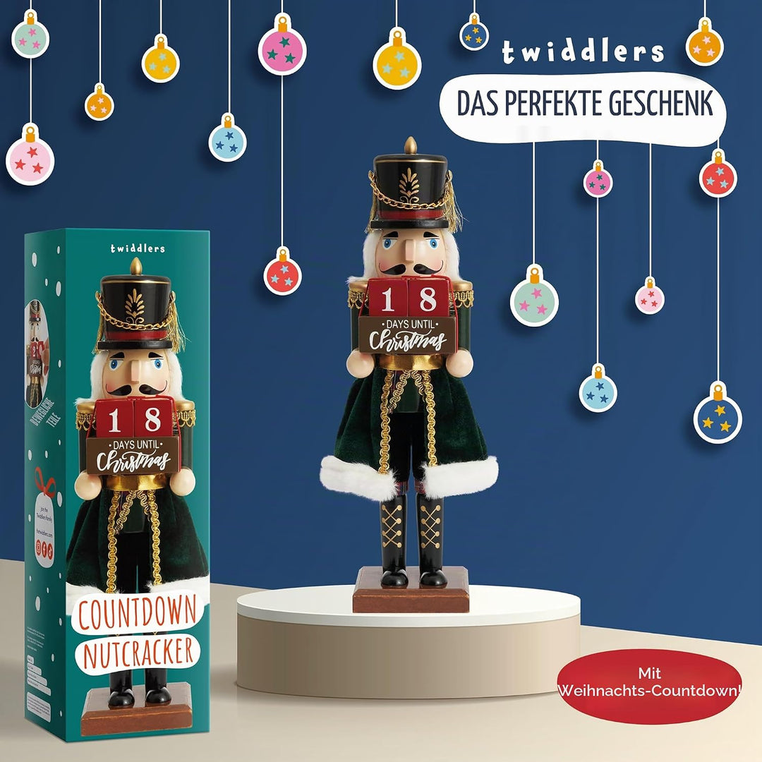 THE TWIDDLERS - Weihnachts-Countdown Nussknacker-Soldat aus Holz, 30cm / 12“ in festlichen Farben -