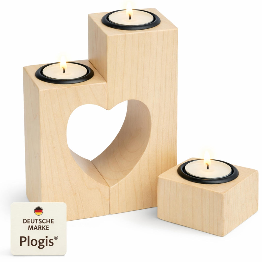 Plogis Herz Teelichthalter aus Holz -Set aus 3 Dekorativen Kerzenständern | Herz Deko & Romantische